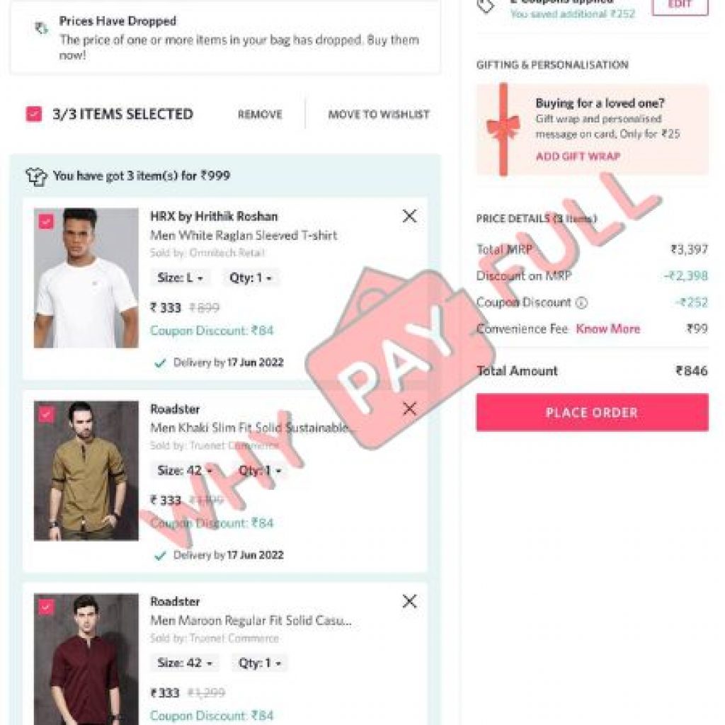 Myntra EROS Sale Offers Discount - Buy 3 at Rs.999
