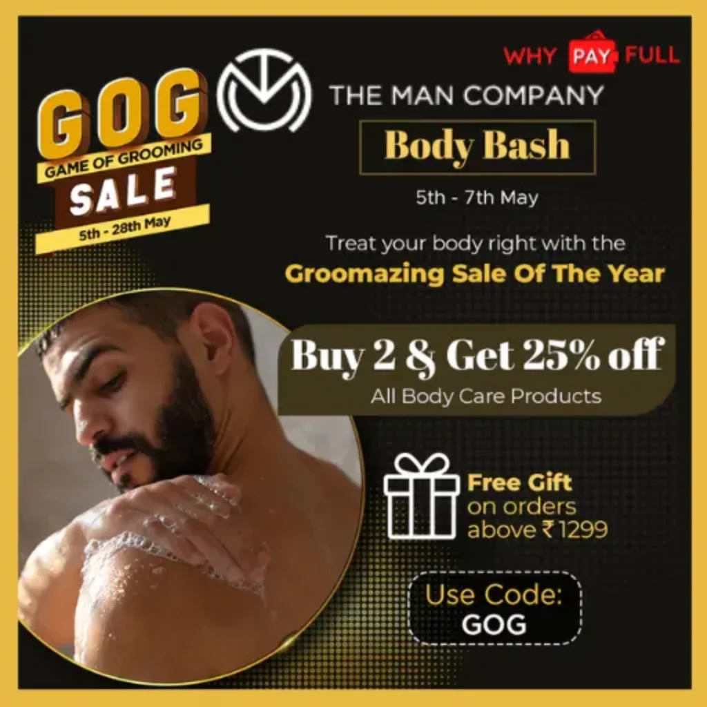 The Man Company Game of Grooming Sale Buy 2 Get 25% Off : Get 25% off on a minimum purchase of two or more body care products, and also get free gifts on orders above ₹1299 by using the GOG coupon code on The Man Company's official website.